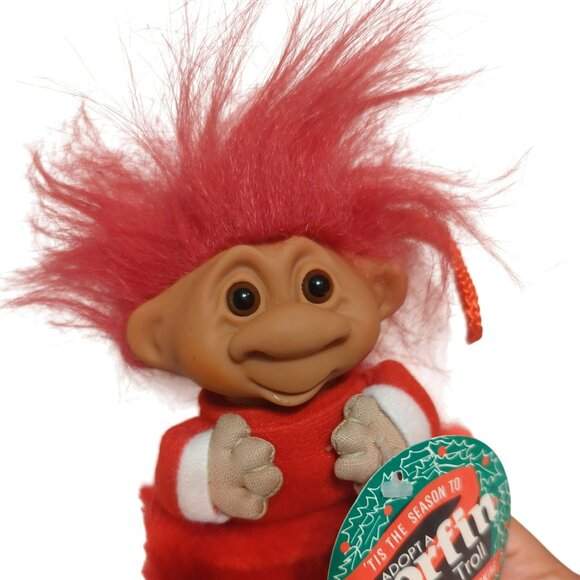 Vintage Norfin Christmas Troll In Plush Stocking Y1255 Red Hair 7.5-Inches - Picture 3 of 6